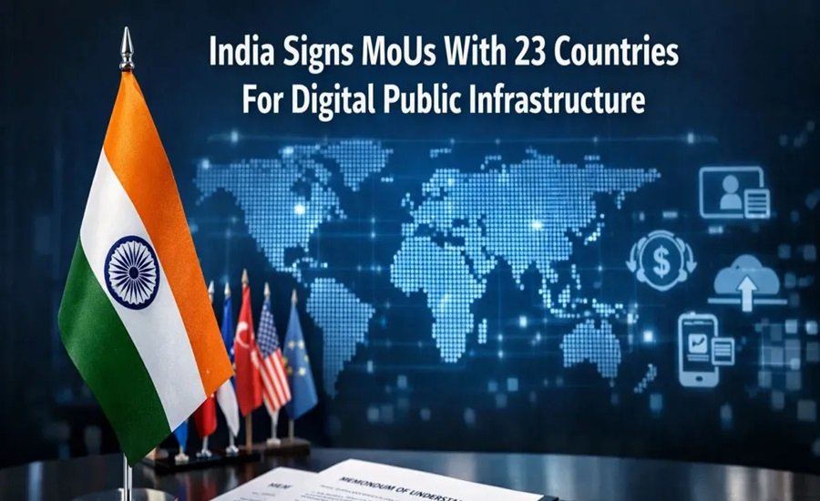 Indian flag and documents in the foreground, small flags of other countries, and a world map in the background with a headline on digital public infrastructure agreements.