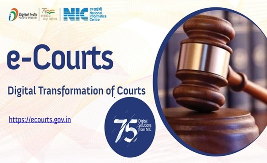 e-Courts logo featuring a gavel, promoting digital transformation of courts with a blue and white background.