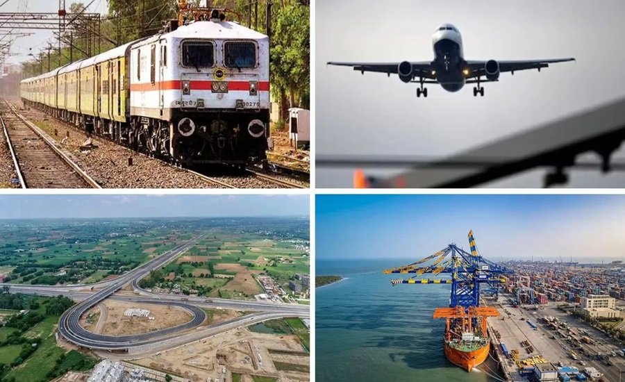A collage featuring four images: a train traveling on railway tracks, an airplane approaching for landing, an aerial view of a highway interchange, and a cargo ship being loaded at a port.